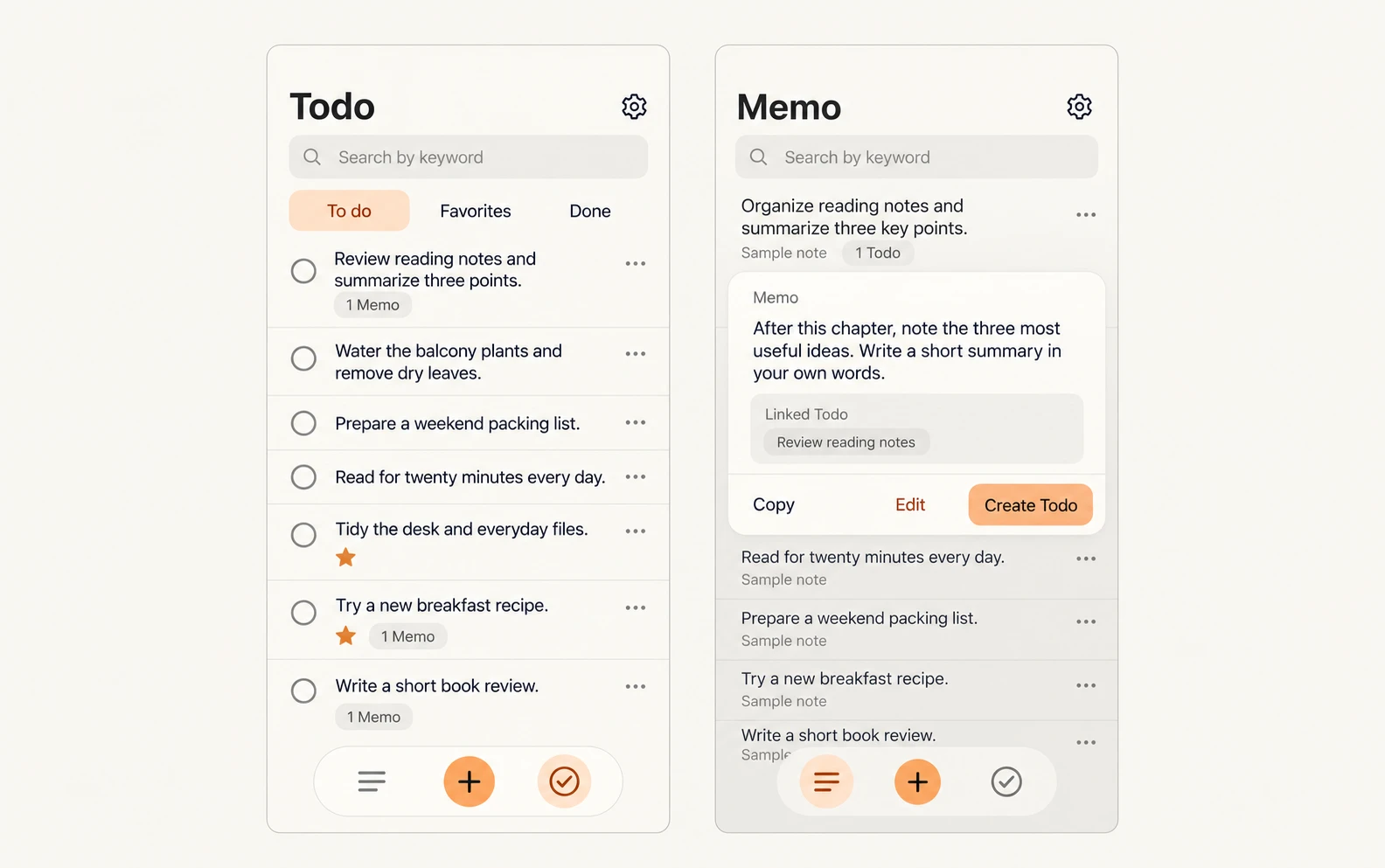 Todo and connected Memo interface illustration with fictional content